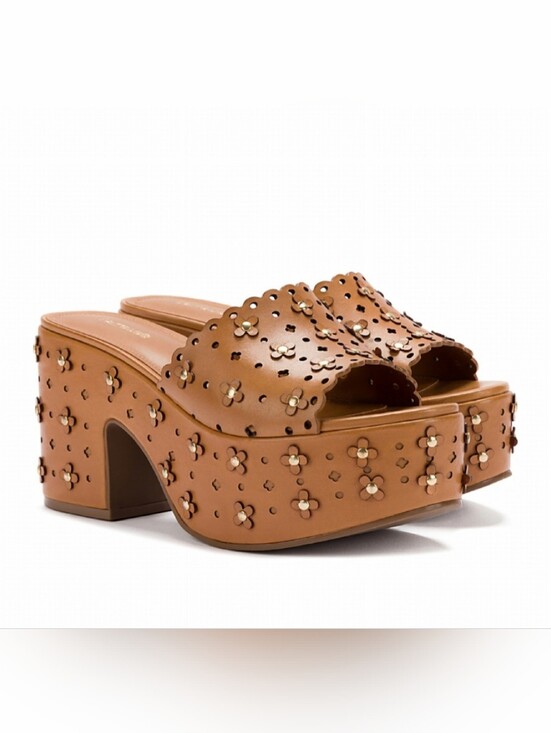 Larroude Shoes - Larroude Brown Floral Laser-Cut Studded Platform Slide Heels, Sz10